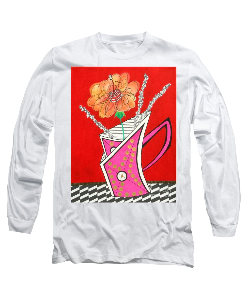 Fluorescent Pink Long Sleeve T-Shirt featuring the mixed media Wacky Pink Pot by Jayne Somogy