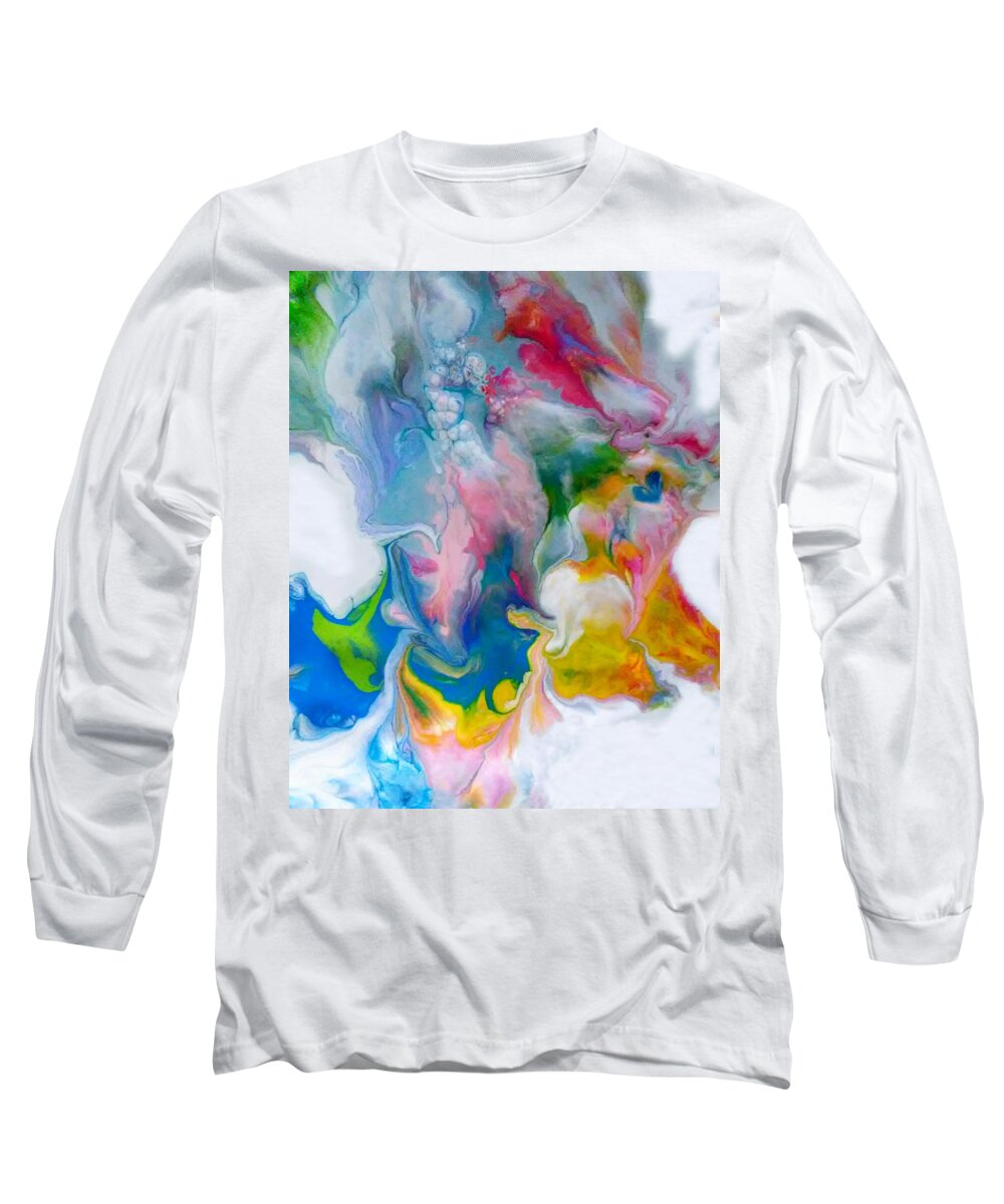 Rainbow Colors Abstract Fluid Acrylic Heart Long Sleeve T-Shirt featuring the painting Water Song 2 by Deborah Erlandson