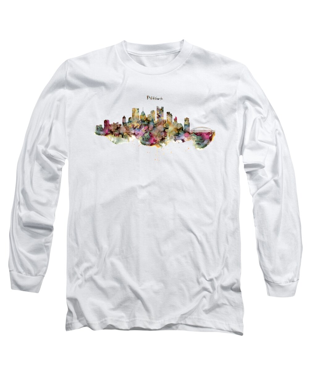 Marian Voicu Long Sleeve T-Shirt featuring the painting Watercolor Painting - Pittsburgh Skyline by Marian Voicu
