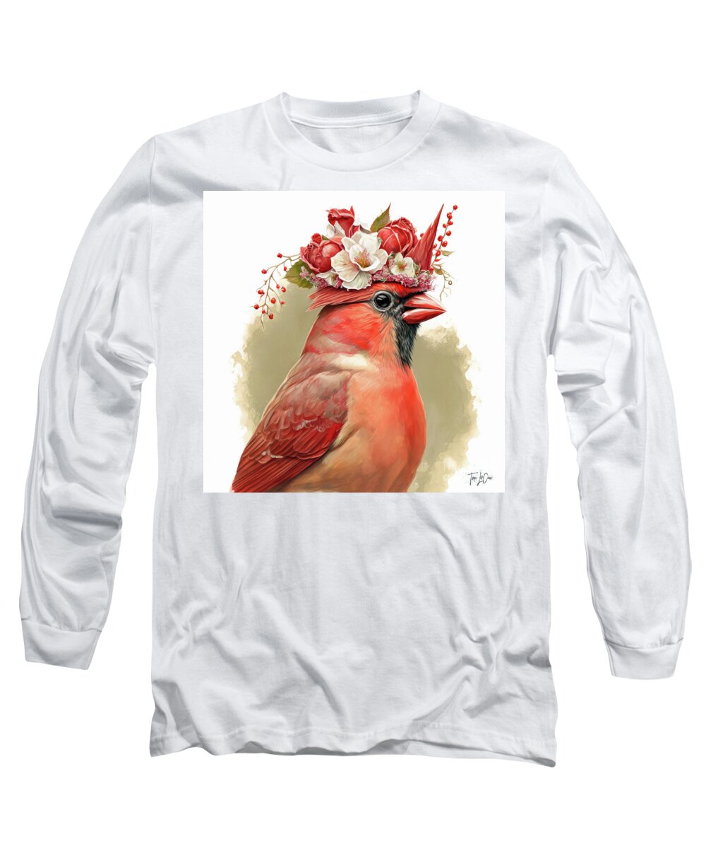 Northern Cardinal Long Sleeve T-Shirt featuring the painting Wearing Her Red Rose Crown by Tina LeCour
