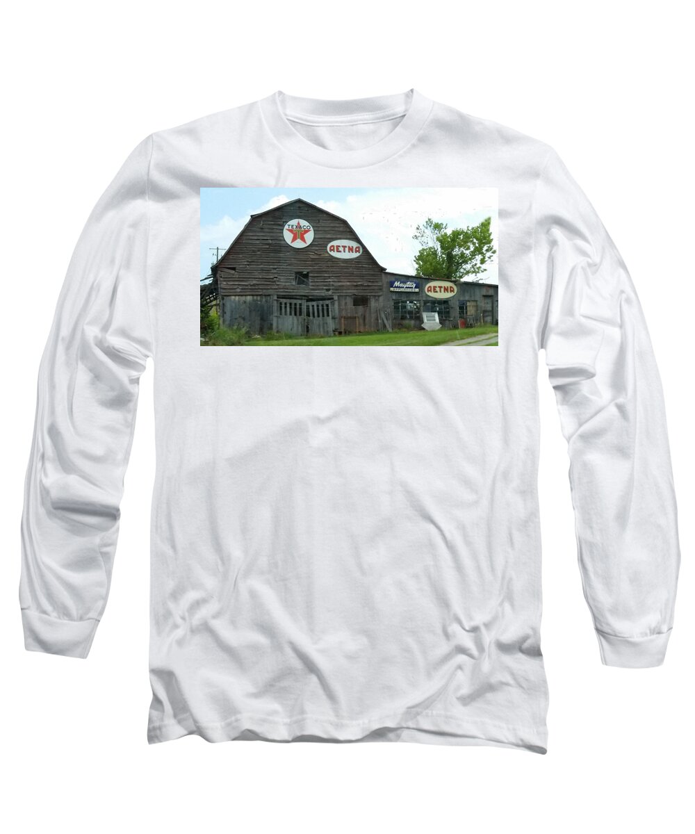 Old Long Sleeve T-Shirt featuring the photograph Weathered Dilapidated Store or Barn with Vintage Signage by Ali Baucom