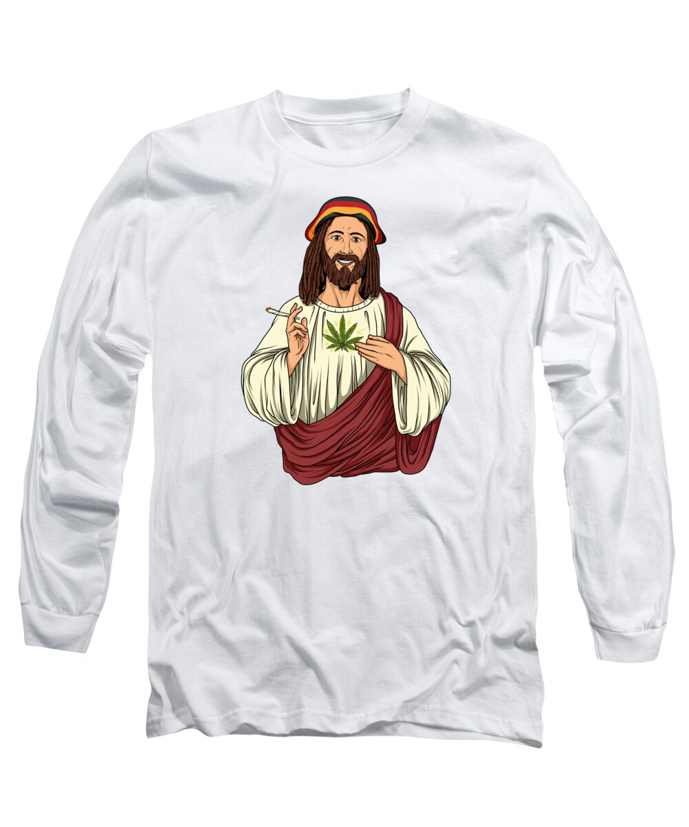 Cannabis Long Sleeve T-Shirt featuring the digital art Weed Smoking Jesus Christ Cannabis Stoner THC by Mister Tee