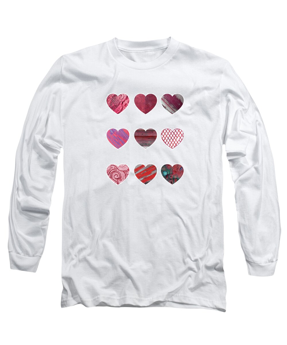 Heart Long Sleeve T-Shirt featuring the mixed media Wooden Hearts by Moira Law