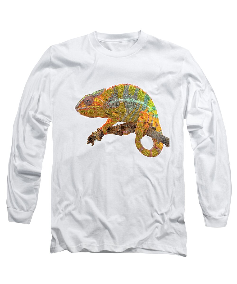 Orange Long Sleeve T-Shirt featuring the painting Yellow and Green, Panther Chameleon by Custom Pet Portrait Art Studio