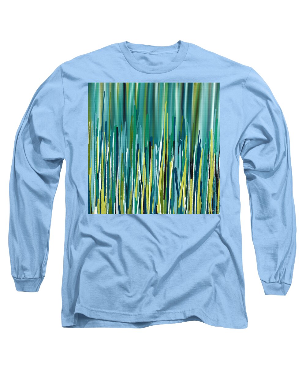 Turquoise Long Sleeve T-Shirt featuring the painting Peacock Spikes #1 by Lourry Legarde
