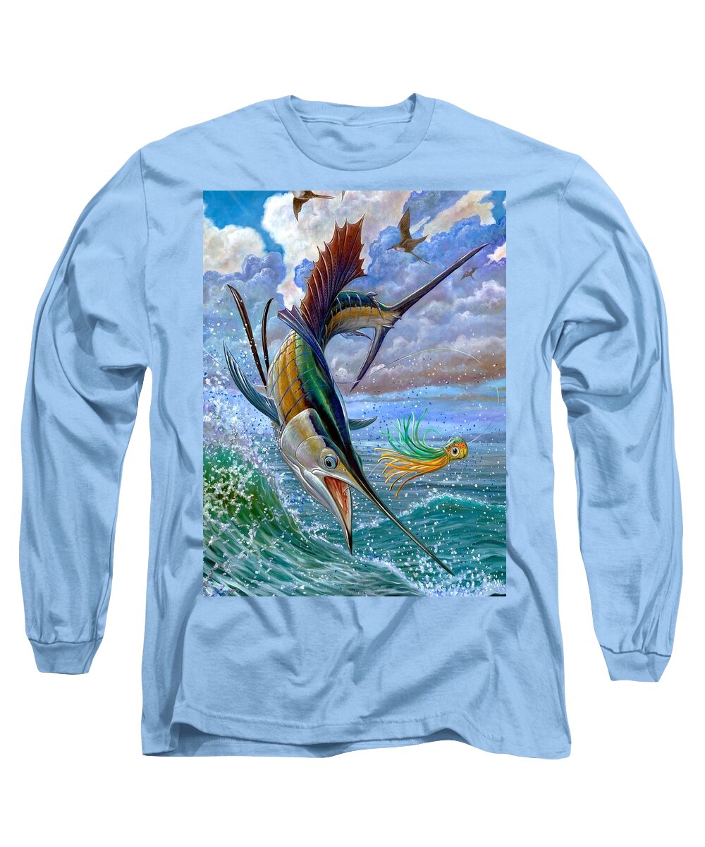 Sailfish Long Sleeve T-Shirt featuring the painting Sailfish And Lure by Terry Fox