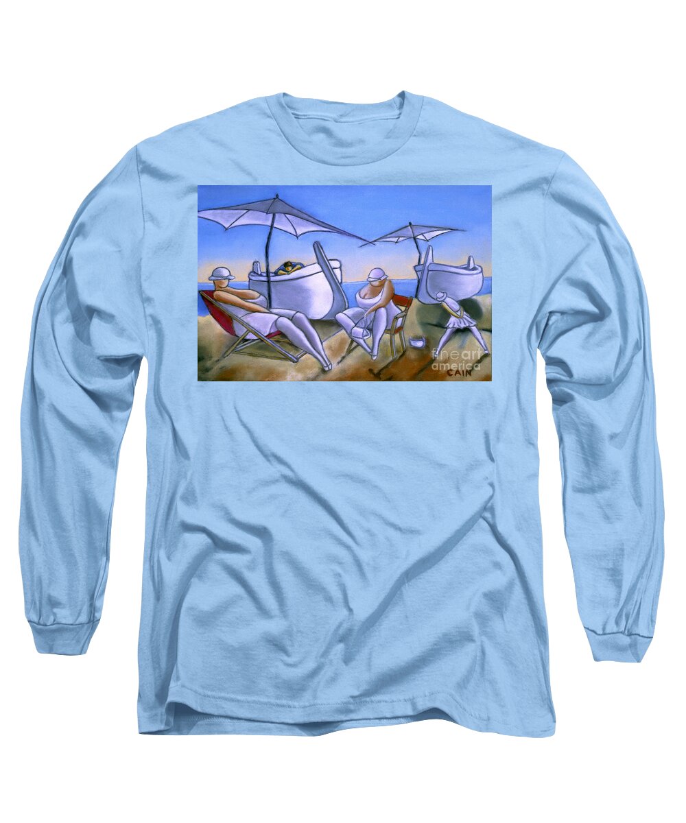 Mediterranean Beach Long Sleeve T-Shirt featuring the painting Day At The Beach #2 by William Cain