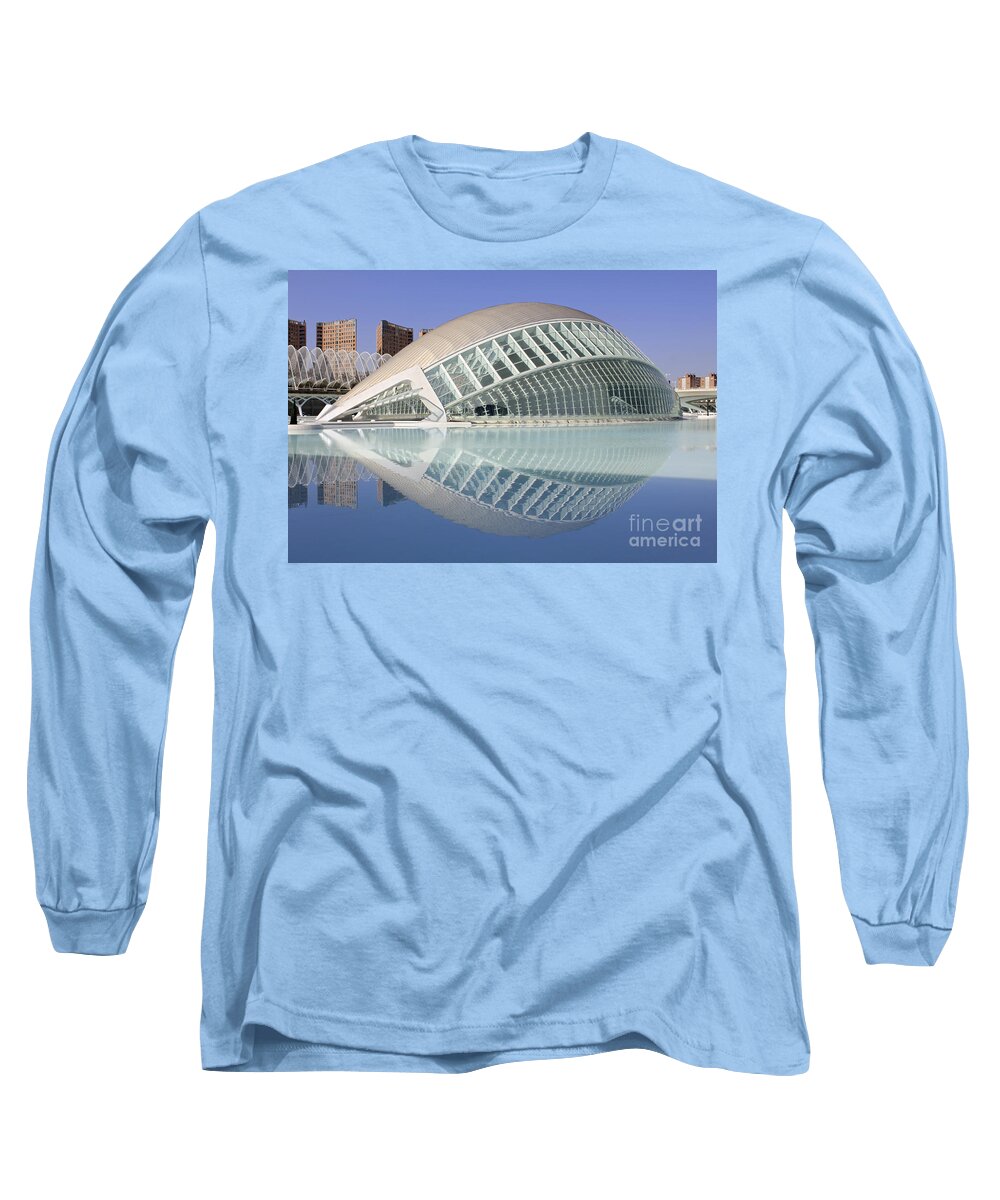 Modern Valencia Spain Reflected Pool The Hemisferic In Valencia Spain L'hemisferic Is An Imax Cinema Long Sleeve T-Shirt featuring the photograph The Hemisferic in Valencia Spain by Julia Gavin