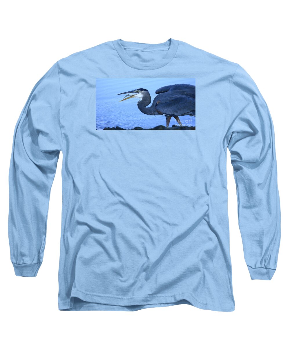 Landscapes Long Sleeve T-Shirt featuring the photograph Blue Heron Gulp by John F Tsumas