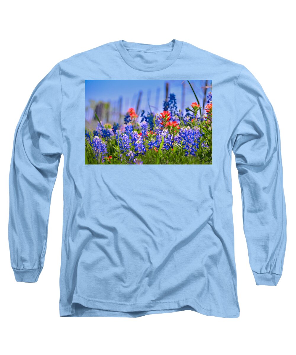 Texas Bluebonnets Long Sleeve T-Shirt featuring the photograph Bluebonnet Paintbrush Texas - Wildflowers landscape flowers fence by Jon Holiday
