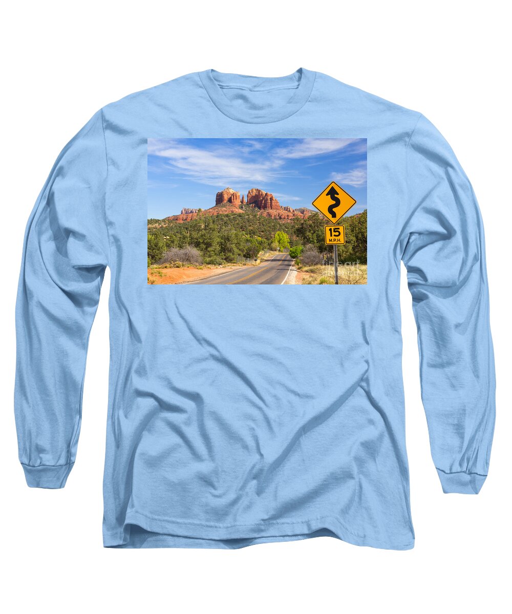 Red Rock Long Sleeve T-Shirt featuring the photograph Cathedral Rock and road in Sedona by Ken Brown
