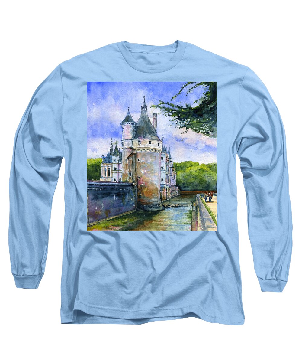 Chenonceau Long Sleeve T-Shirt featuring the painting Chenonceau Castle France by John D Benson