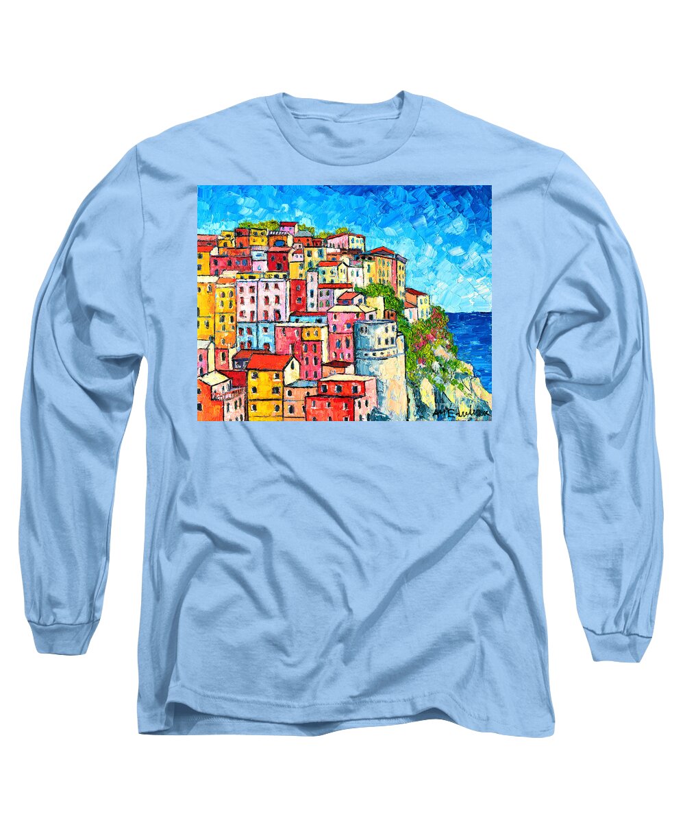 Manarola Long Sleeve T-Shirt featuring the painting Cinque Terre Italy Manarola Colorful Houses by Ana Maria Edulescu