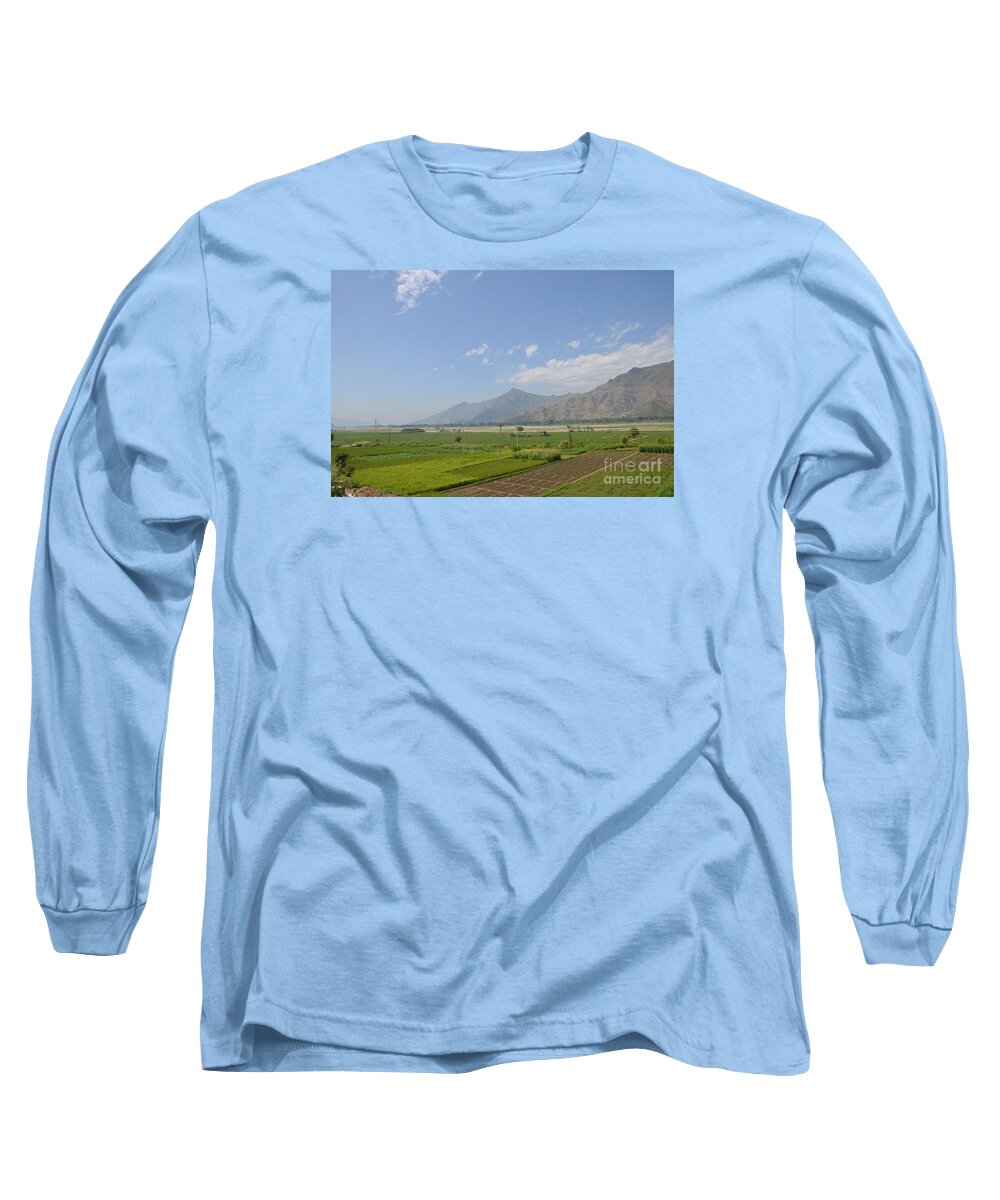 Mountains Long Sleeve T-Shirt featuring the photograph Fields mountains sky and a river Swat Valley Pakistan by Imran Ahmed