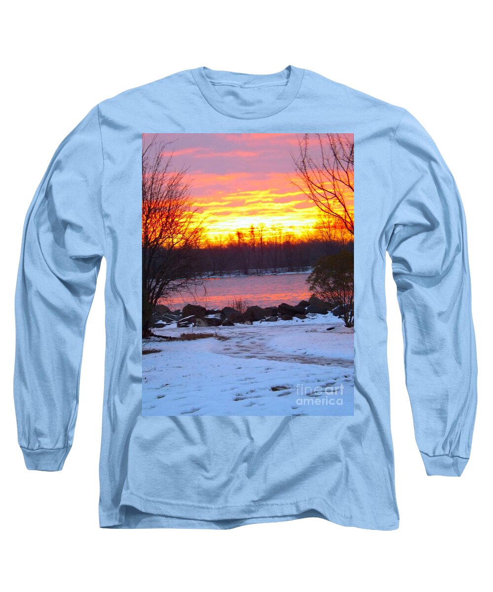 Fire Long Sleeve T-Shirt featuring the photograph Fire and Ice Sunrise on the Delaware River by Robyn King