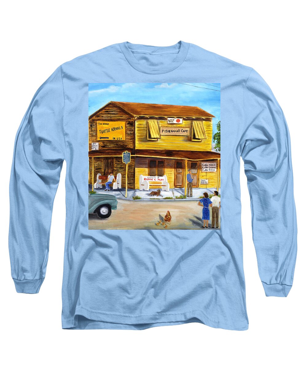 Landscape Long Sleeve T-Shirt featuring the painting Fisherman's Cafe by Linda Cabrera