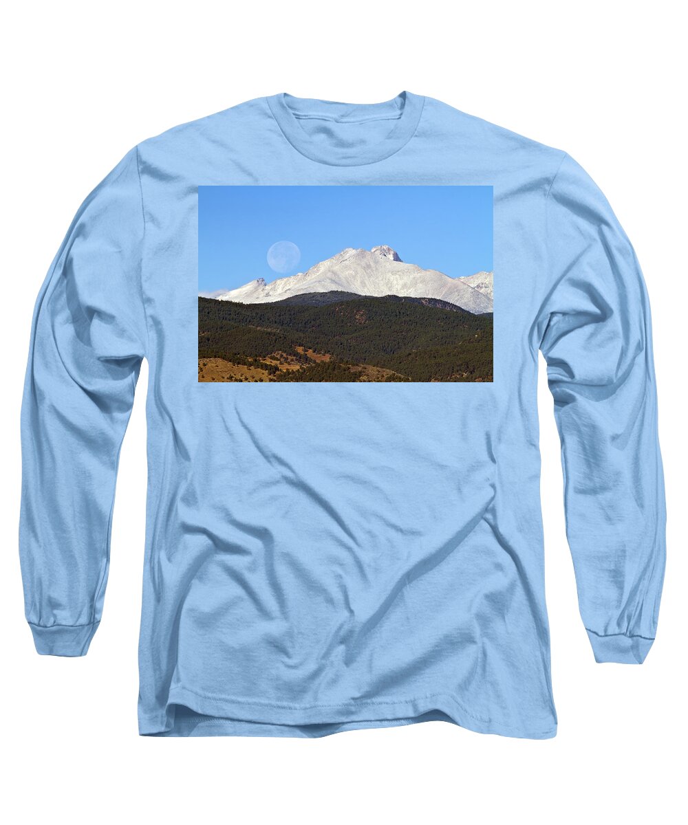 Colorado Long Sleeve T-Shirt featuring the photograph Full Moon Setting Over Snow Covered Twin Peaks by James BO Insogna