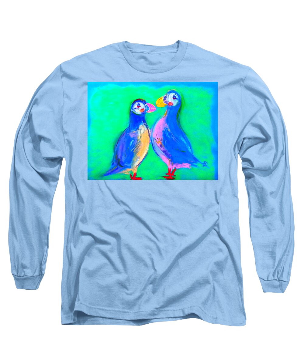 Art Long Sleeve T-Shirt featuring the painting Funky Puffins Gossip Session by Sue Jacobi