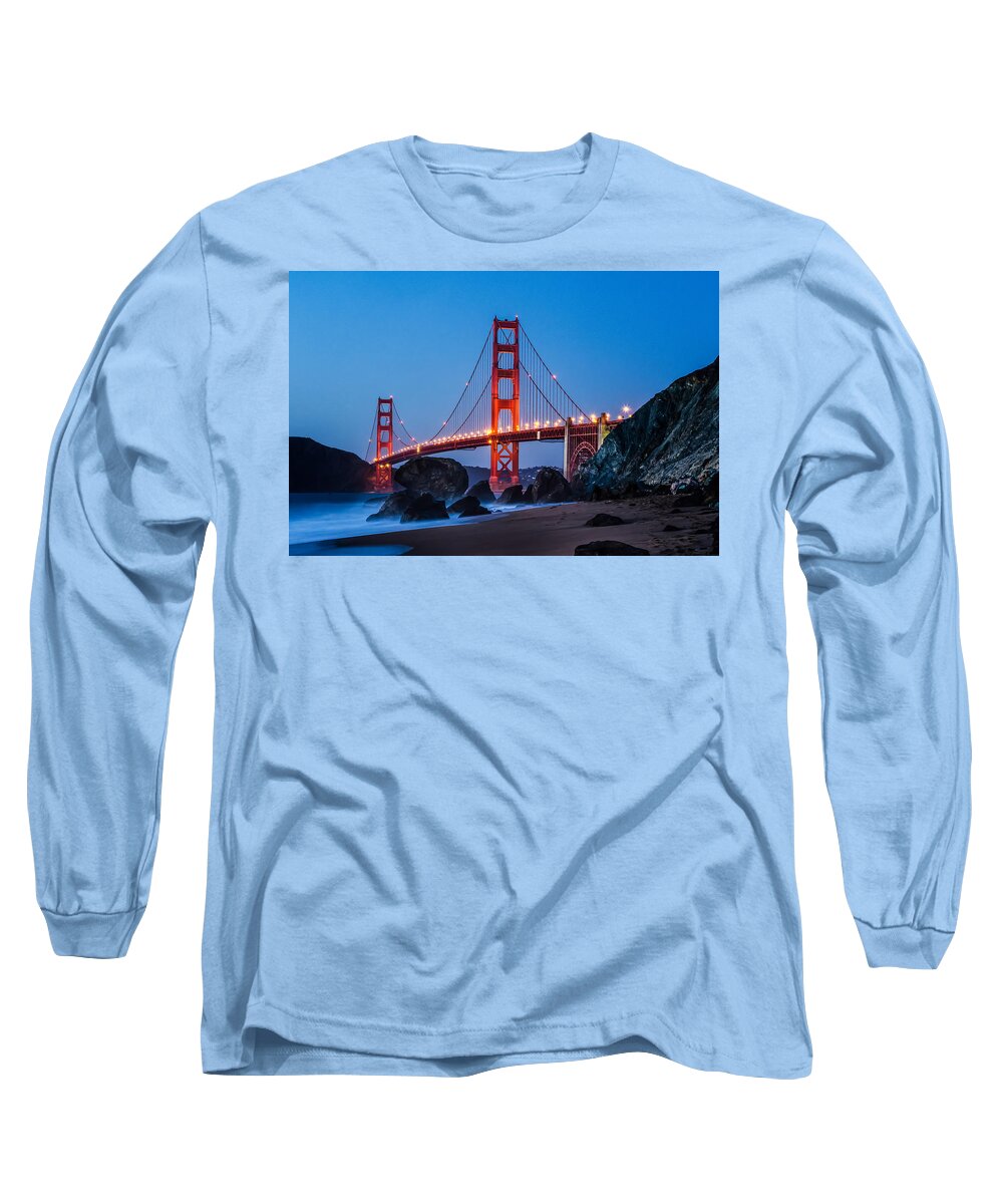 Golden Gate Long Sleeve T-Shirt featuring the photograph Golden Gate at Twilight by Linda Villers