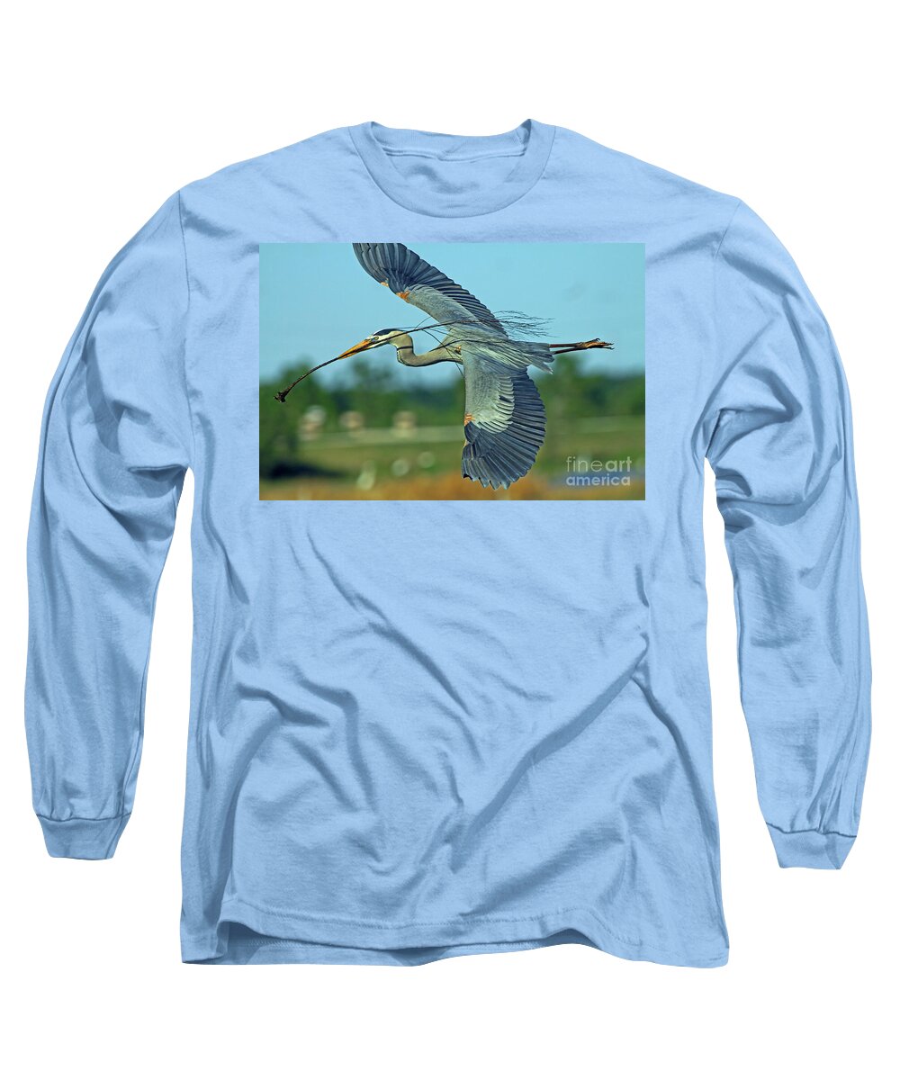 Great Blue Heron Long Sleeve T-Shirt featuring the photograph Great Blue Heron Flight 2 by Larry Nieland