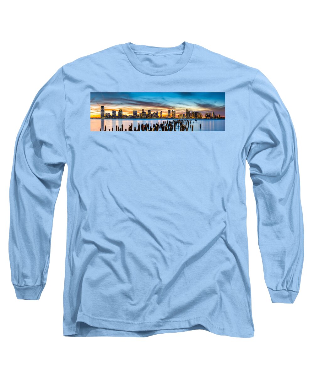 America Long Sleeve T-Shirt featuring the photograph Jersey City panorama at sunset by Mihai Andritoiu
