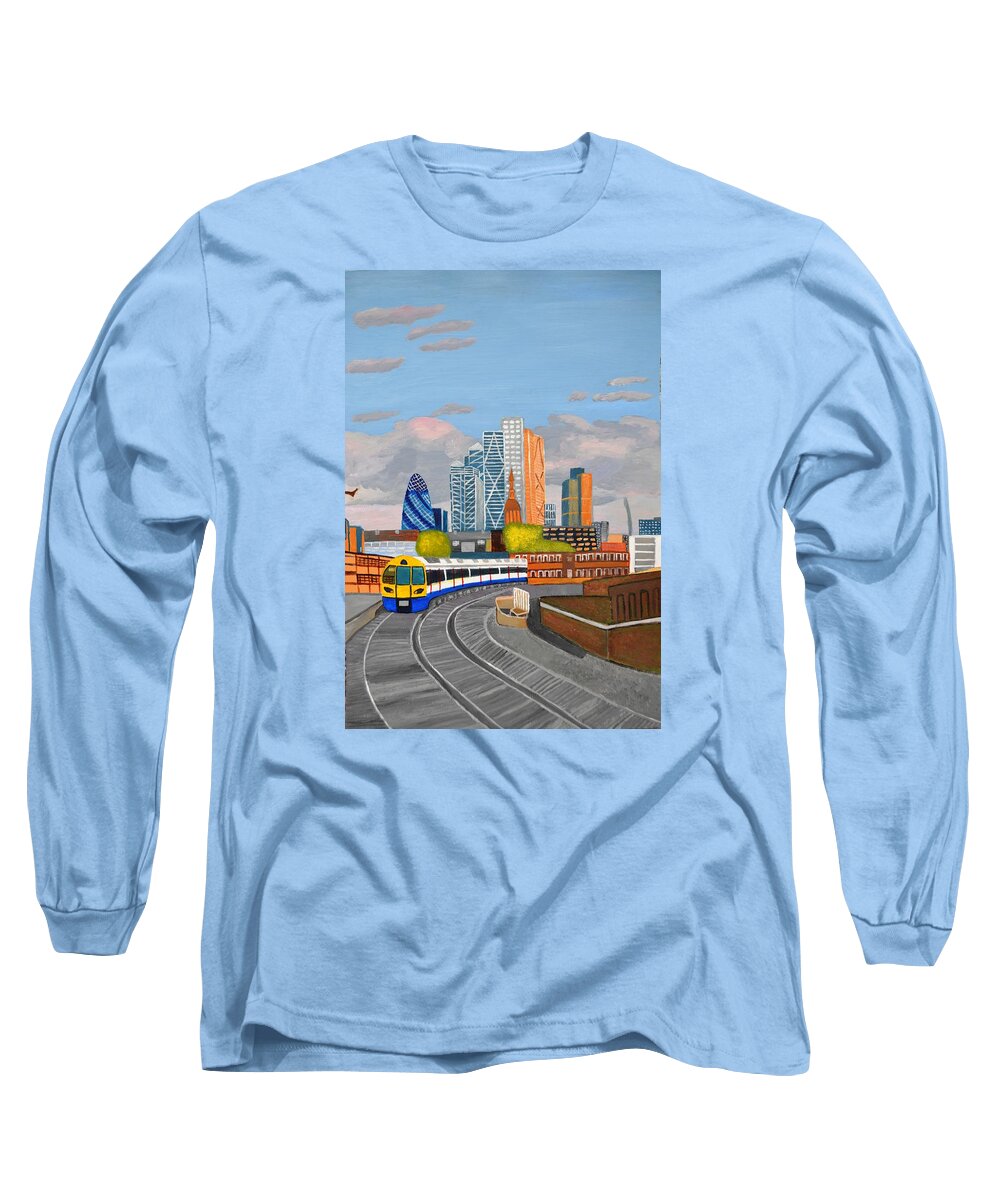Train Long Sleeve T-Shirt featuring the painting London overland train-Hoxton station by Magdalena Frohnsdorff