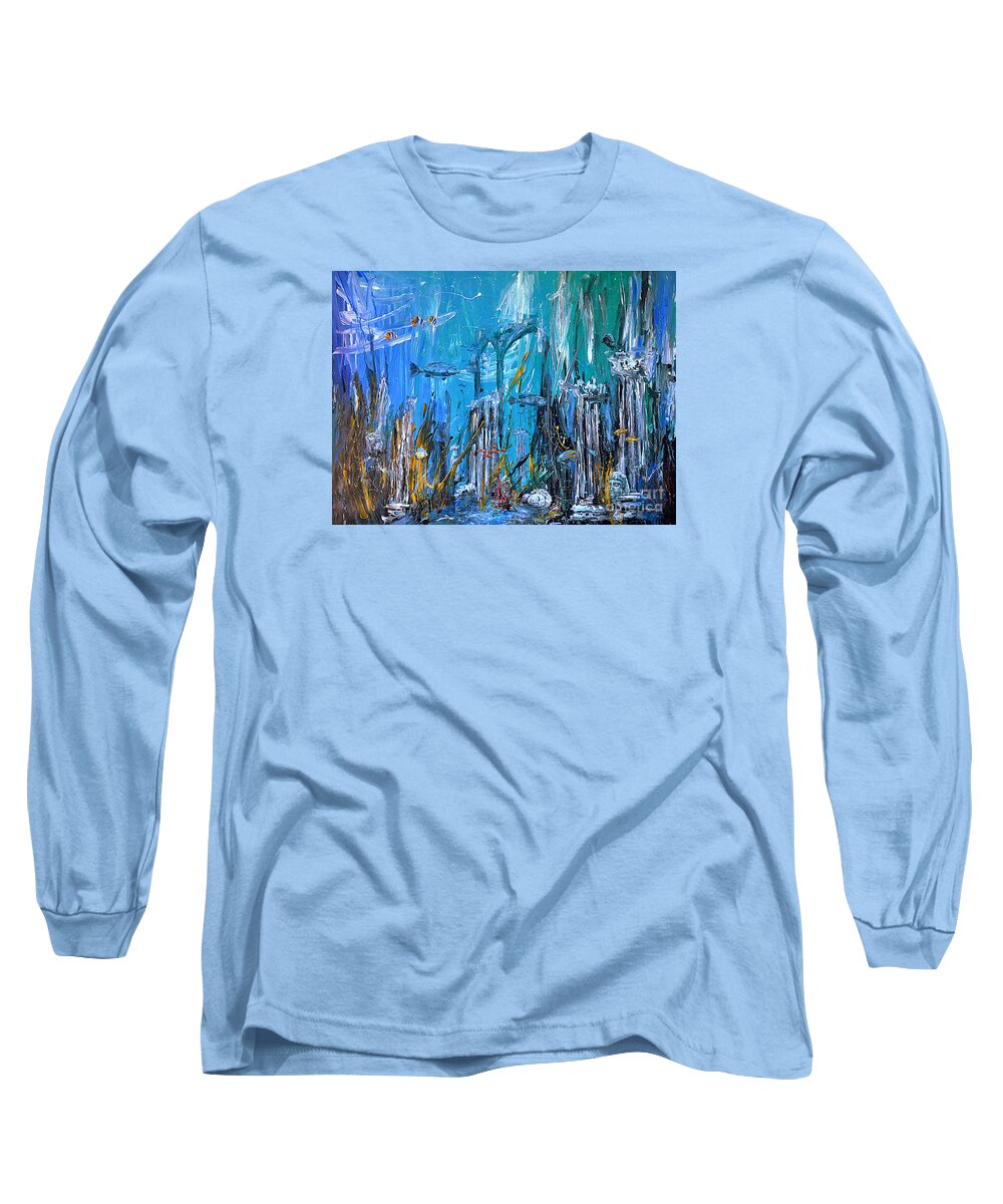 Seascape Long Sleeve T-Shirt featuring the painting Lost city by Arturas Slapsys