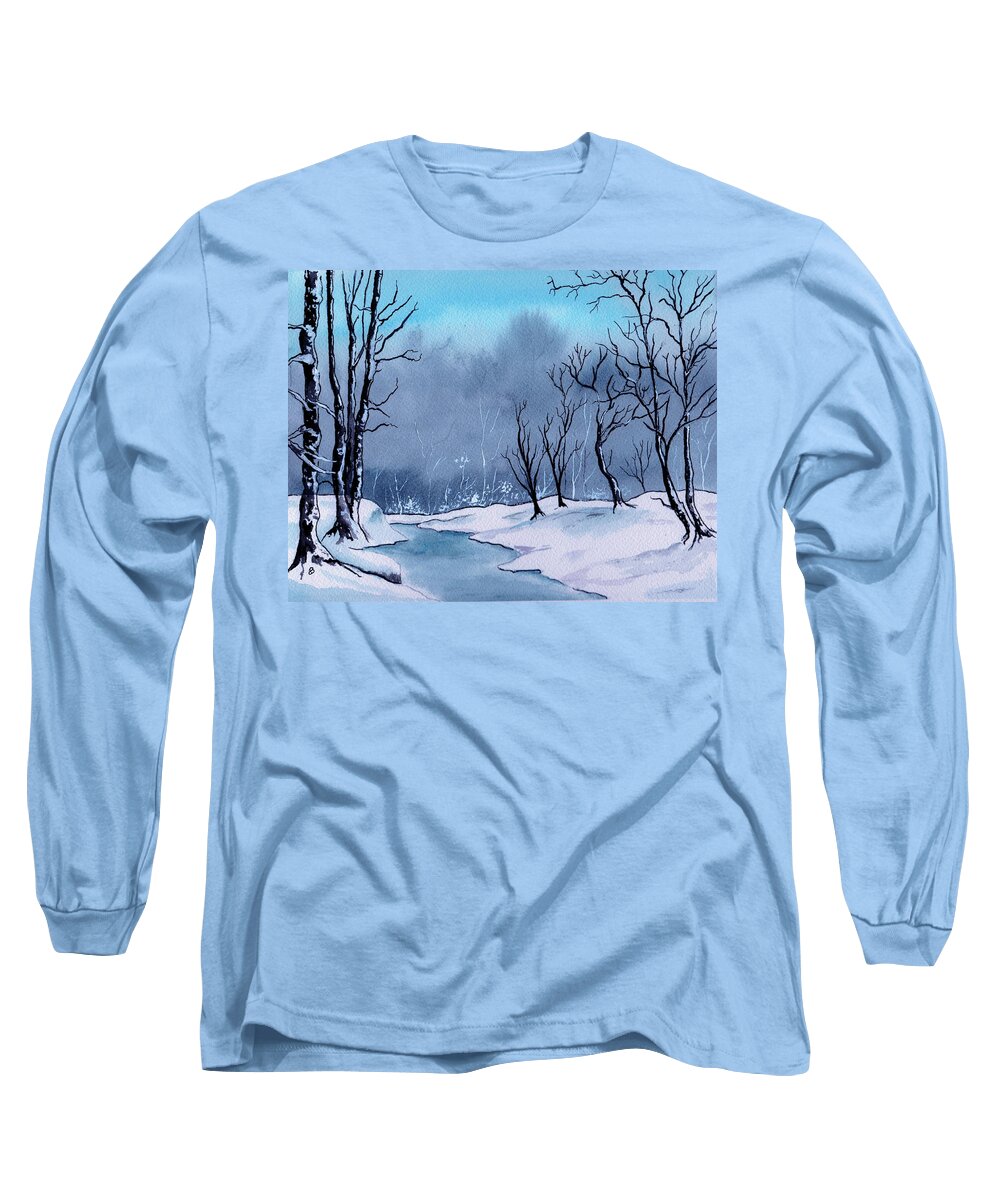 Watercolor Long Sleeve T-Shirt featuring the painting Maine Snowy Woods by Brenda Owen