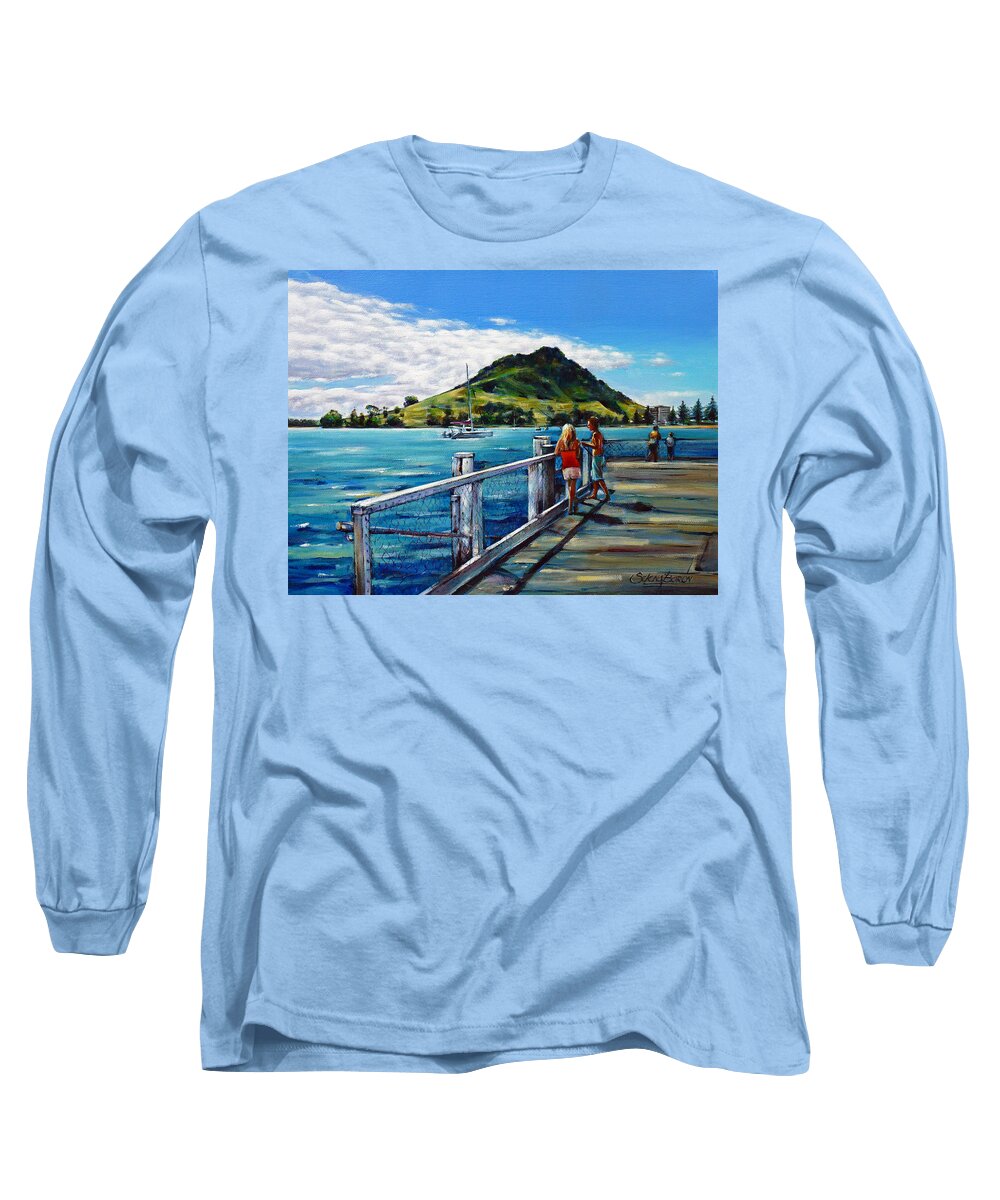 Pier Long Sleeve T-Shirt featuring the painting Mt Maunganui Pier 140114 by Selena Boron