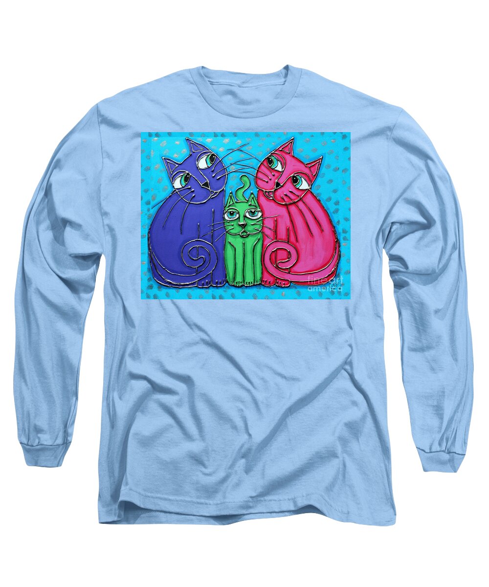 Cat Long Sleeve T-Shirt featuring the painting Neon Cat Trio #2 by Cynthia Snyder