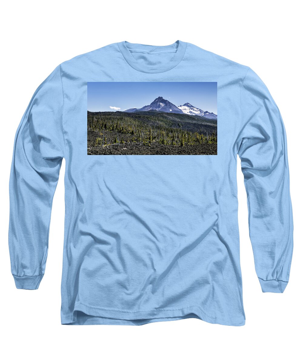 Lava Field Long Sleeve T-Shirt featuring the photograph North and Middle Sister and the Lava Fields by Belinda Greb