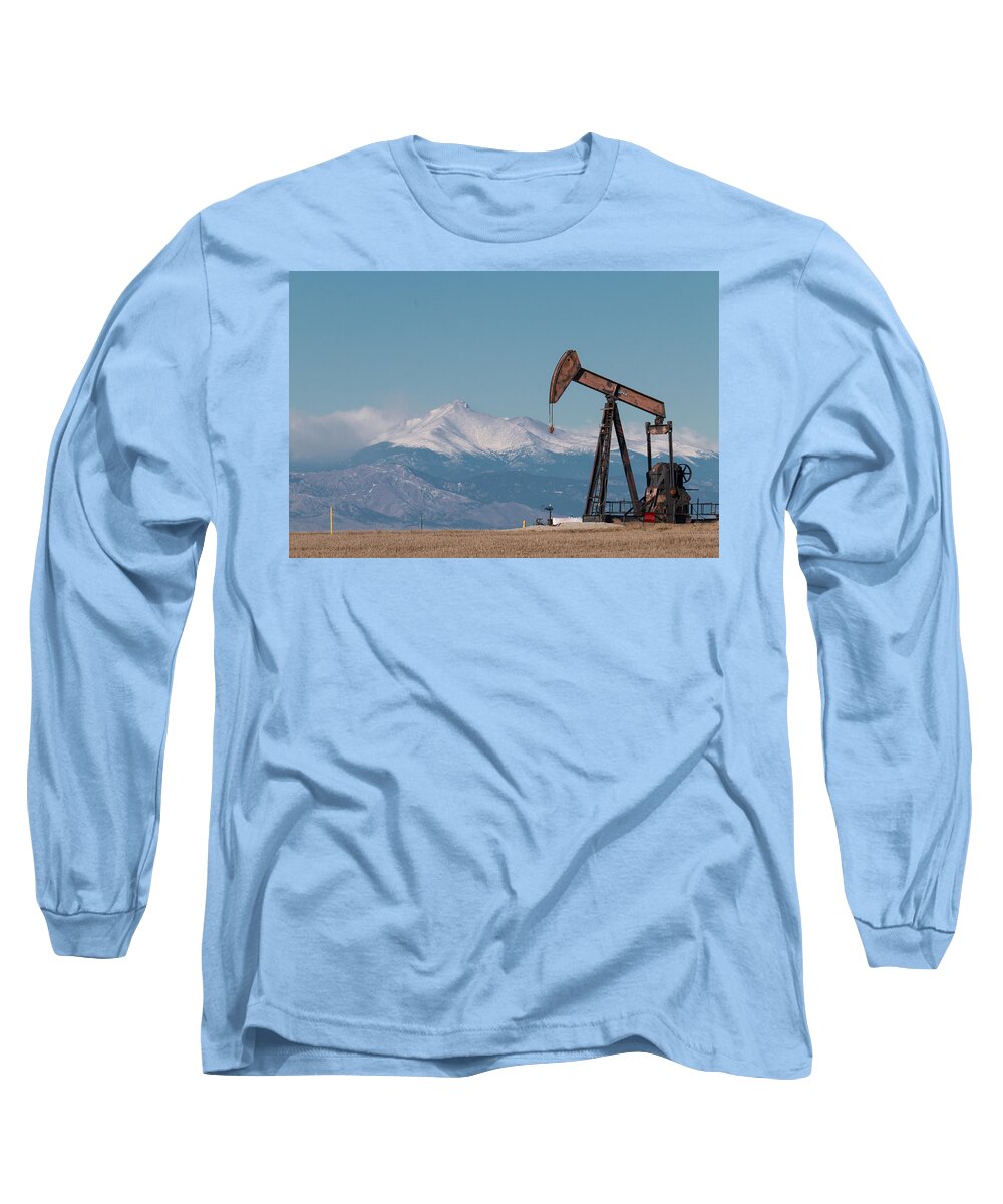 Oil Long Sleeve T-Shirt featuring the photograph Oil Pumpjack in the Shadows of the Rockies by Tony Hake