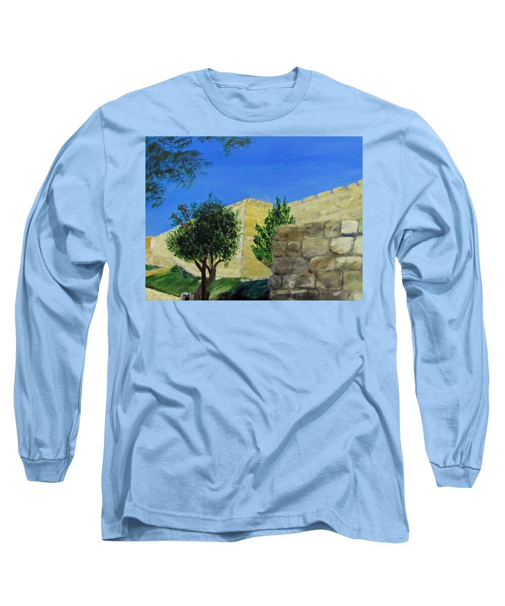 Israel Long Sleeve T-Shirt featuring the painting Outside the Wall - Jerusalem by Linda Feinberg