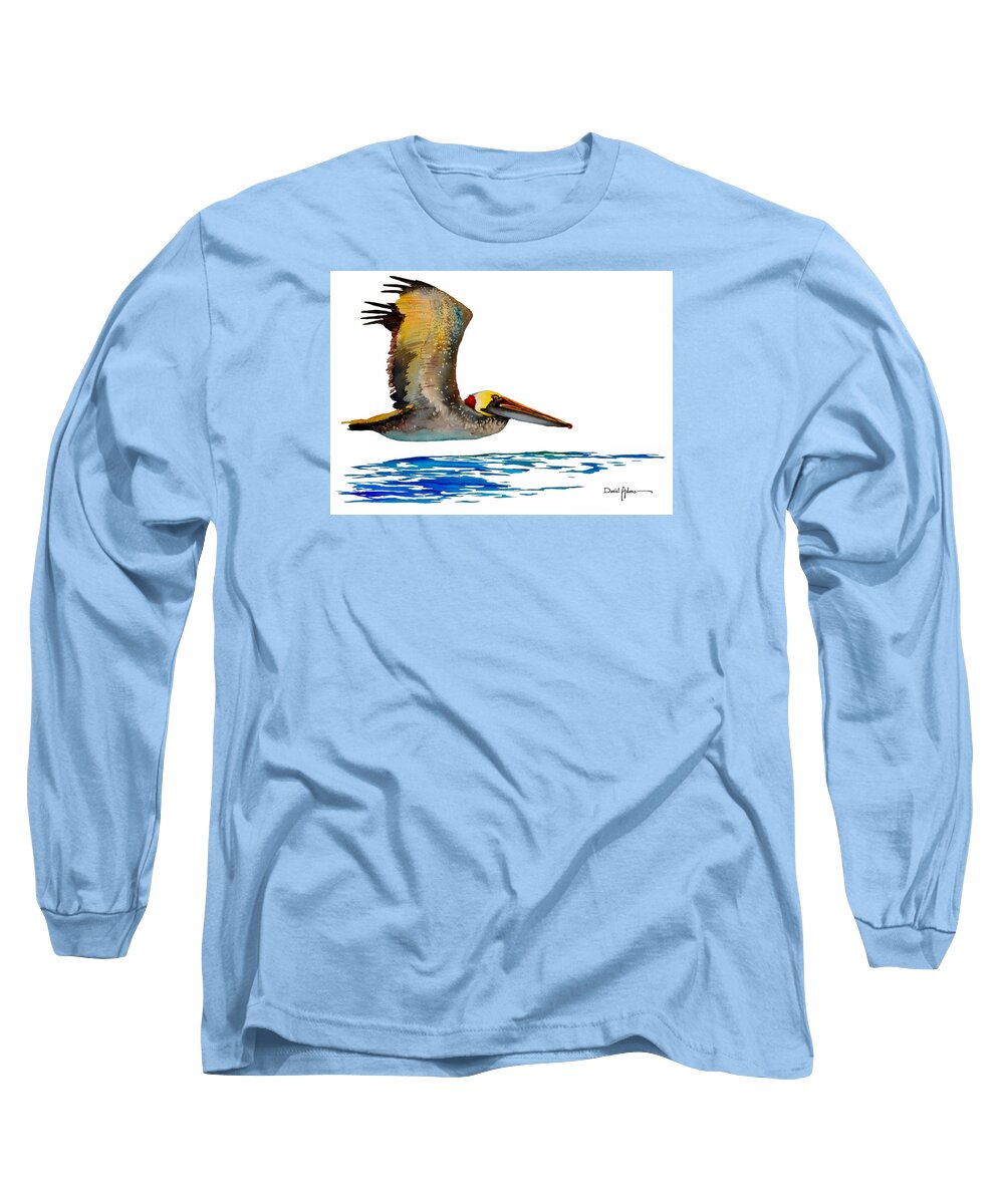 Pelican Long Sleeve T-Shirt featuring the painting Pelican Over Water by Daniel Adams