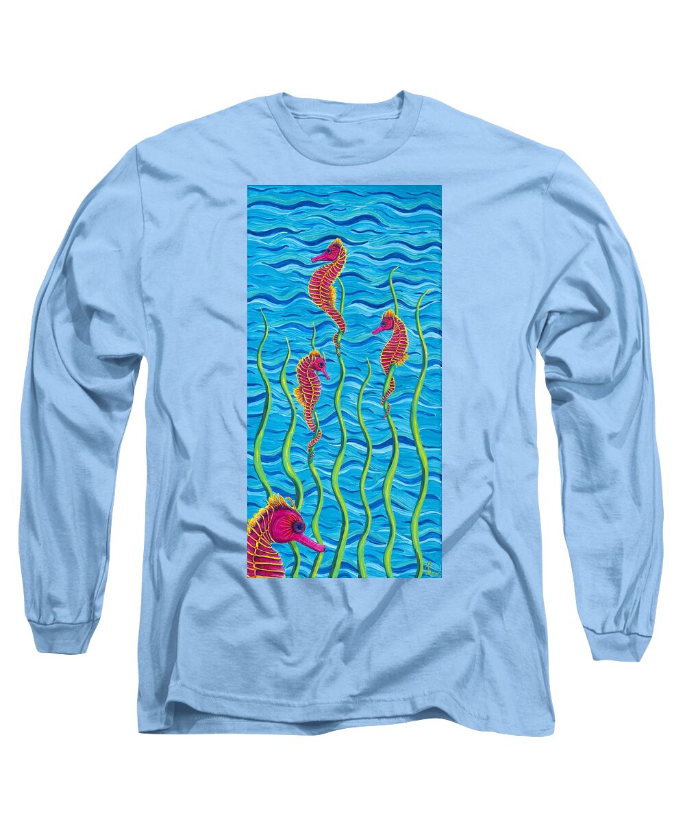 Seahorse Long Sleeve T-Shirt featuring the painting Poseidon's Steed Painting Bomber by Rebecca Parker