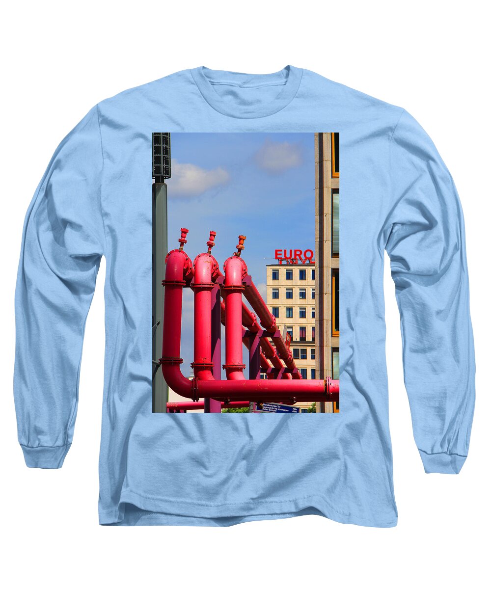Architecture Long Sleeve T-Shirt featuring the photograph Potsdamer Platz Pink Pipes In Berlin by Ben and Raisa Gertsberg
