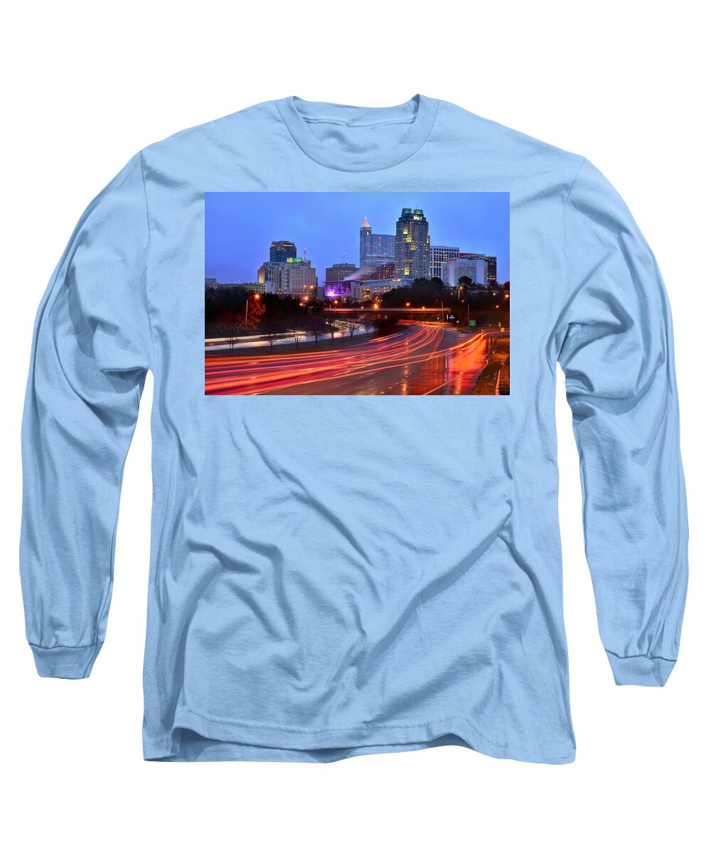 Raleigh Skyline Long Sleeve T-Shirt featuring the photograph Raleigh Skyline at Dusk Evening Color Evening Panorama North carolina NC by Jon Holiday