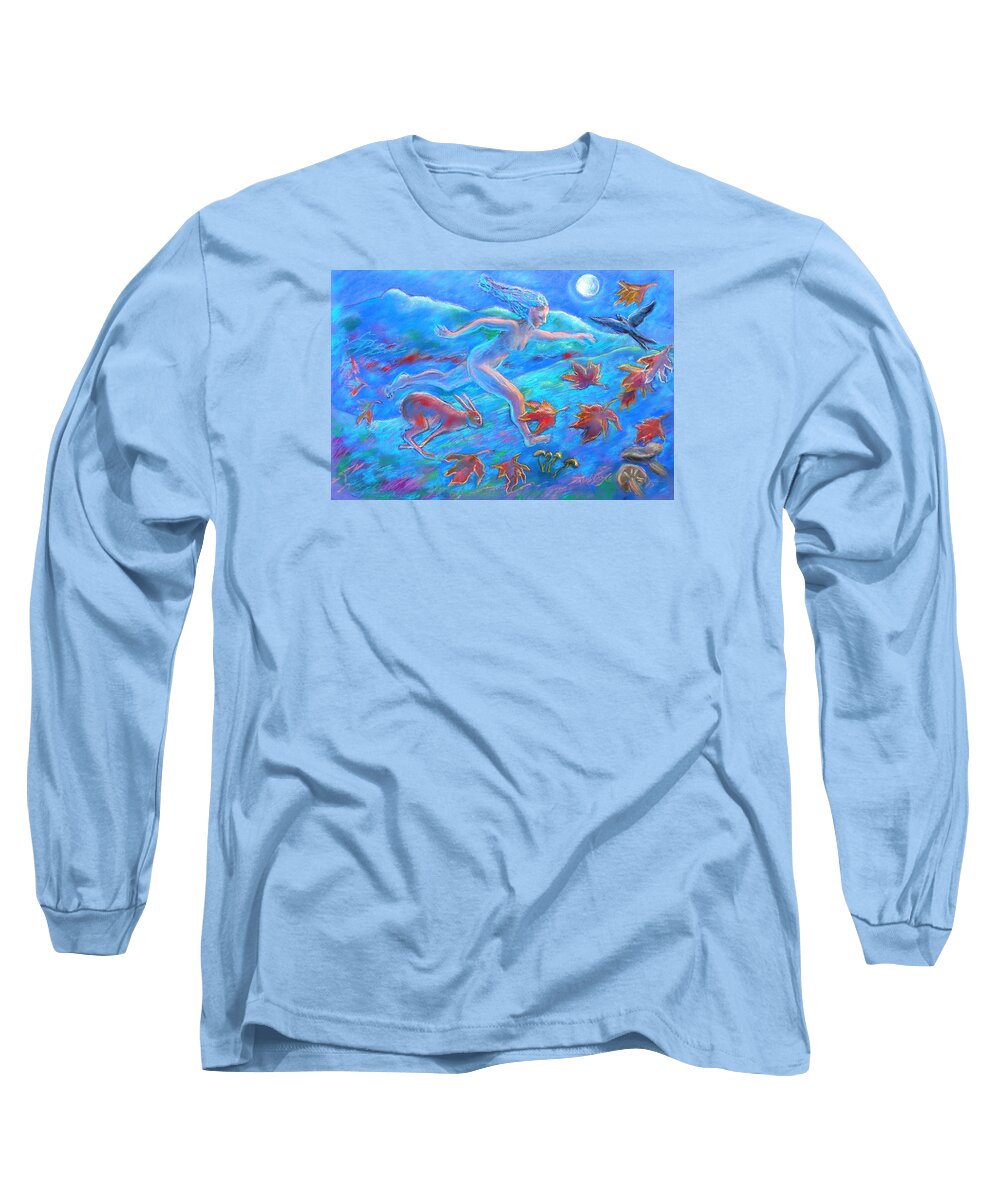  Running Long Sleeve T-Shirt featuring the painting Running with the Hare by Trudi Doyle