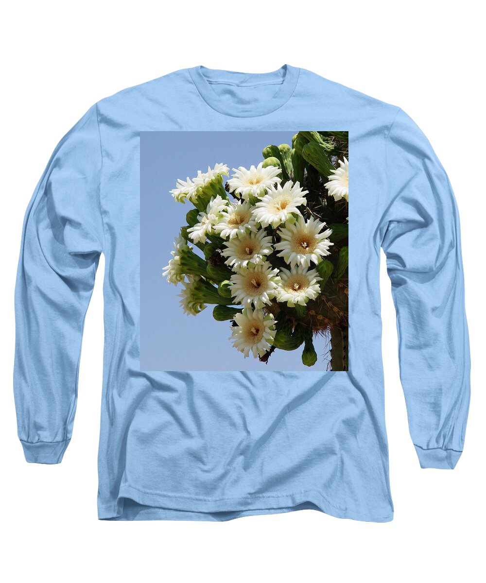 Saguaro In Bloom In The Superstition Mountains Long Sleeve T-Shirt featuring the photograph Saguaro in Bloom In The Superstition Mountains by Tom Janca