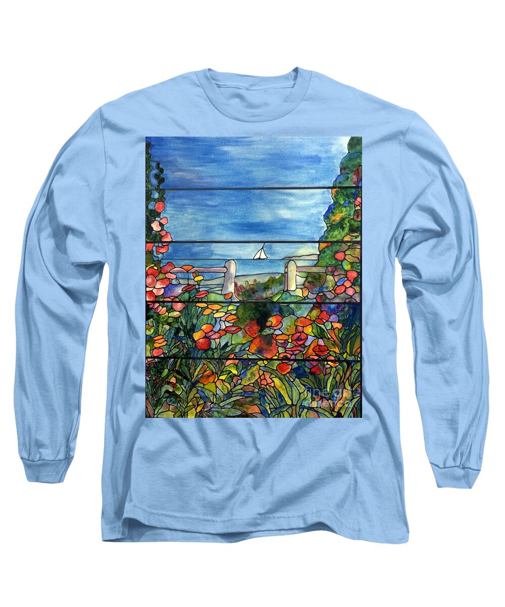 Donna Walsh Long Sleeve T-Shirt featuring the painting Stained Glass Tiffany Landscape Window with Sailboat by Donna Walsh