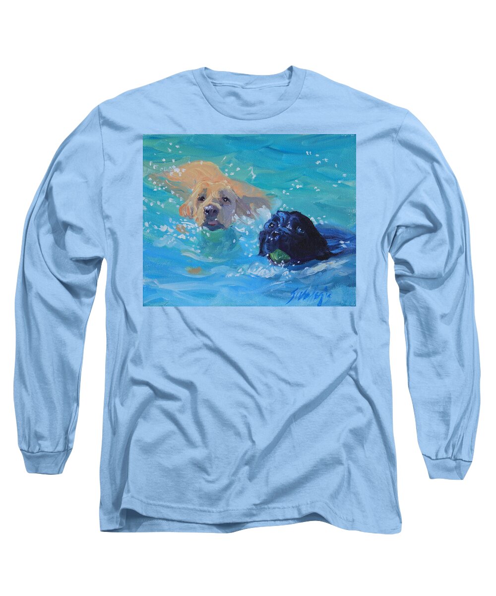 Black Labrador Retriever Long Sleeve T-Shirt featuring the painting Tag You're It by Sheila Wedegis