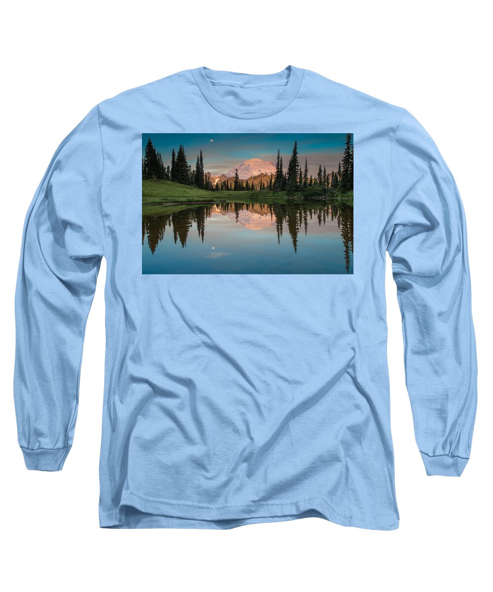 Mt. Ranier; Clouds;lake; Moon; Mountains; Picture Lake; Reflection; Seattle Long Sleeve T-Shirt featuring the photograph Tipsoo Lake Mt. Rainier Washington by Larry Marshall