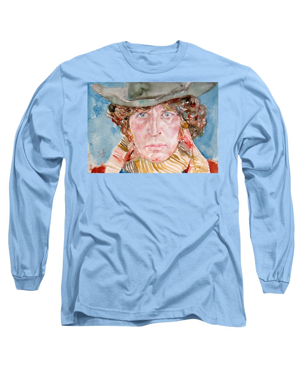 Tom Long Sleeve T-Shirt featuring the painting TOM BAKER DOCTOR WHO watercolor portrait by Fabrizio Cassetta