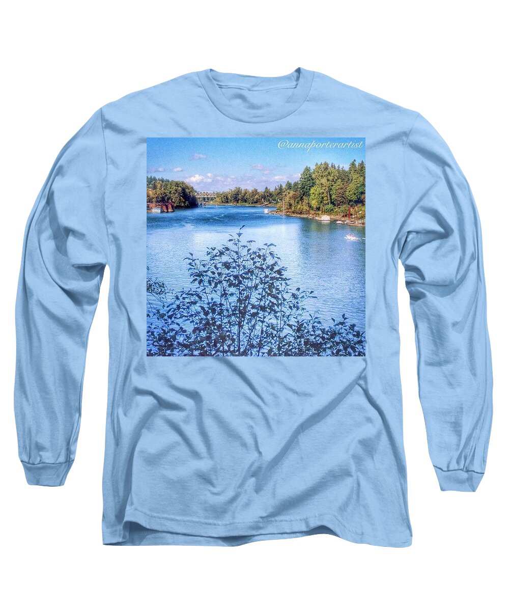Willametteriver Long Sleeve T-Shirt featuring the photograph View Of The Willamette River Looking by Anna Porter
