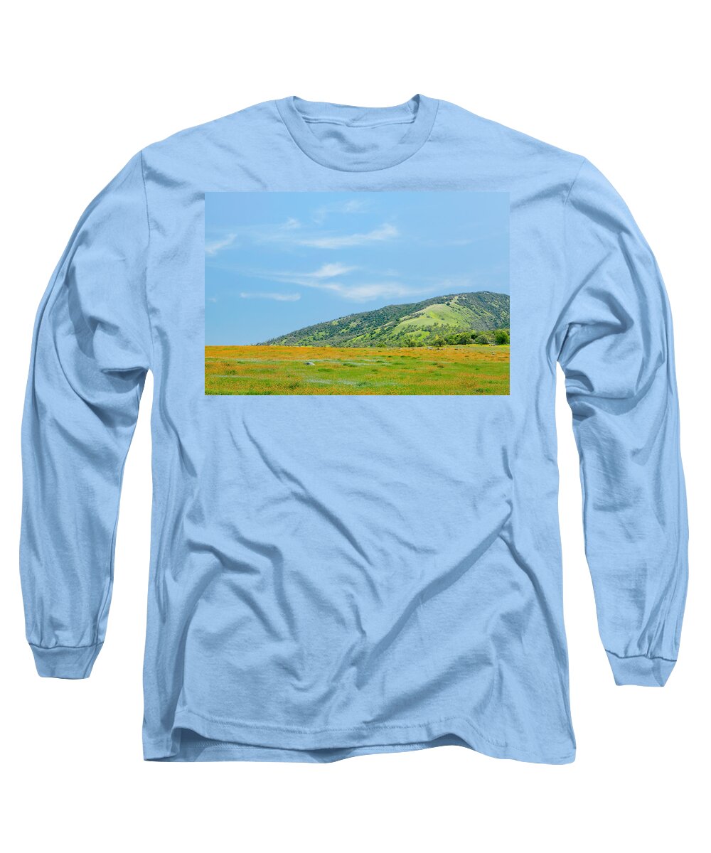 Tejon Ranch Long Sleeve T-Shirt featuring the photograph Afternoon Delight - Wildflowers and Cirrus Clouds by Ram Vasudev