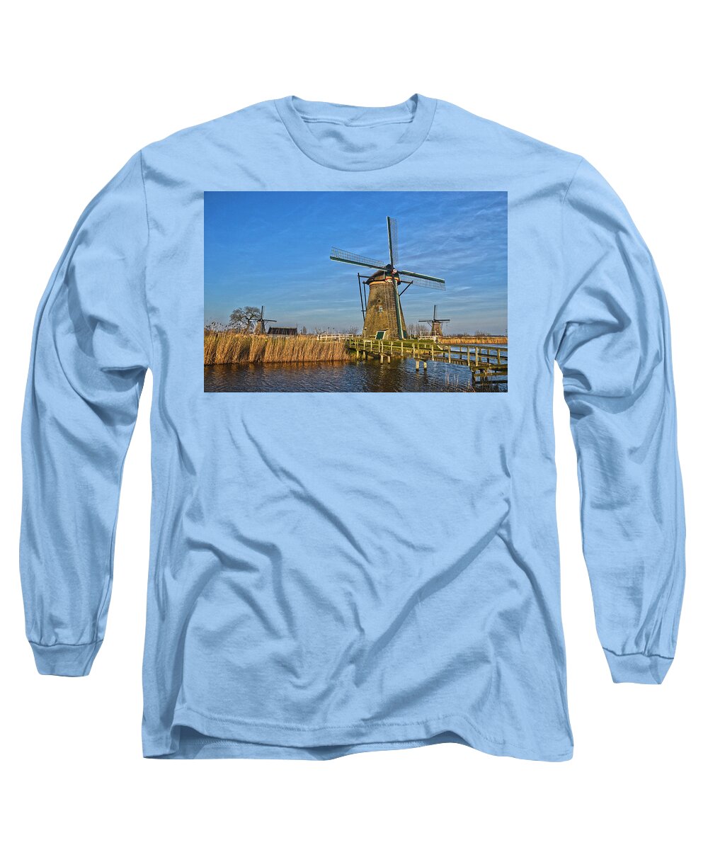 Windmills Long Sleeve T-Shirt featuring the photograph Windmills And Bridge Near Kinderdijk by Frans Blok