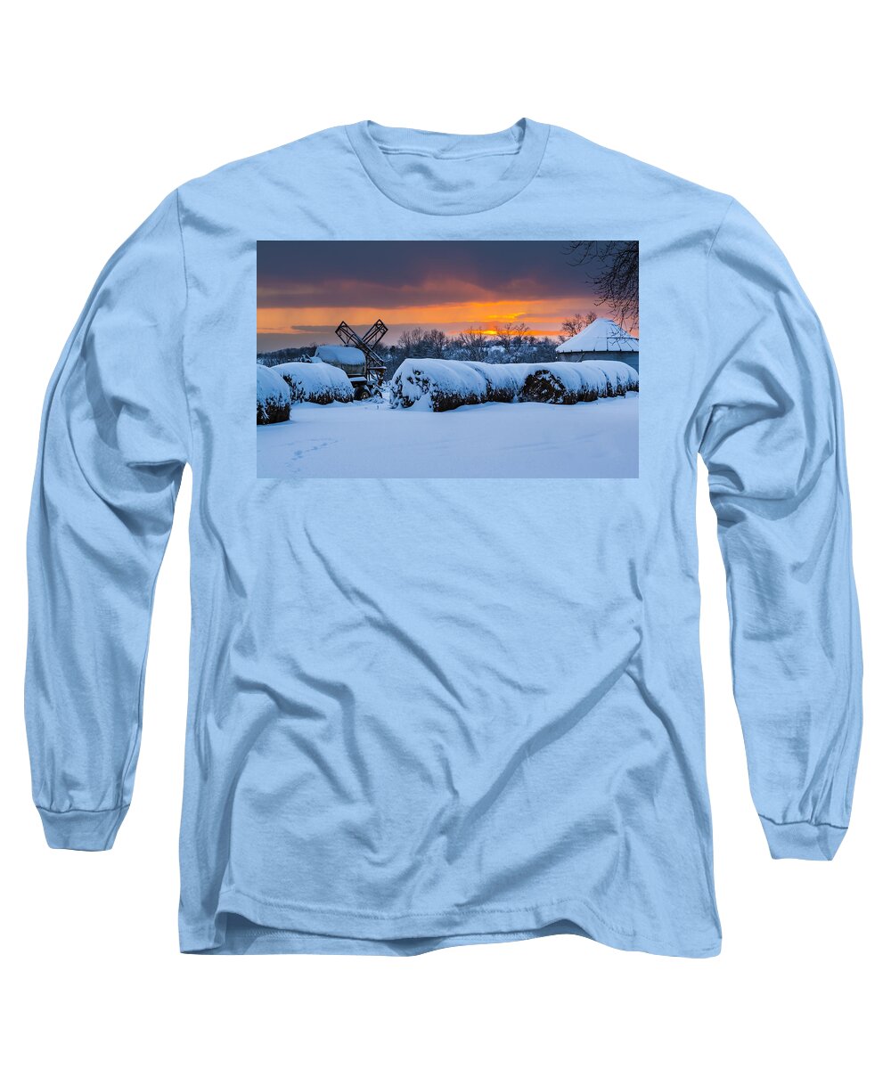Snow Long Sleeve T-Shirt featuring the photograph Winter Sunset on the Farm by Holden The Moment