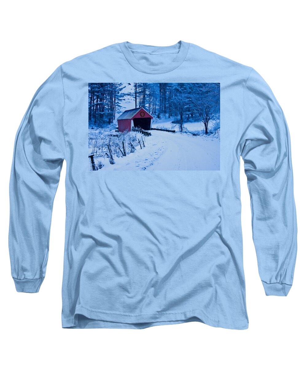 Vermont Covered Bridge Long Sleeve T-Shirt featuring the photograph winter Vermont covered bridge by Jeff Folger