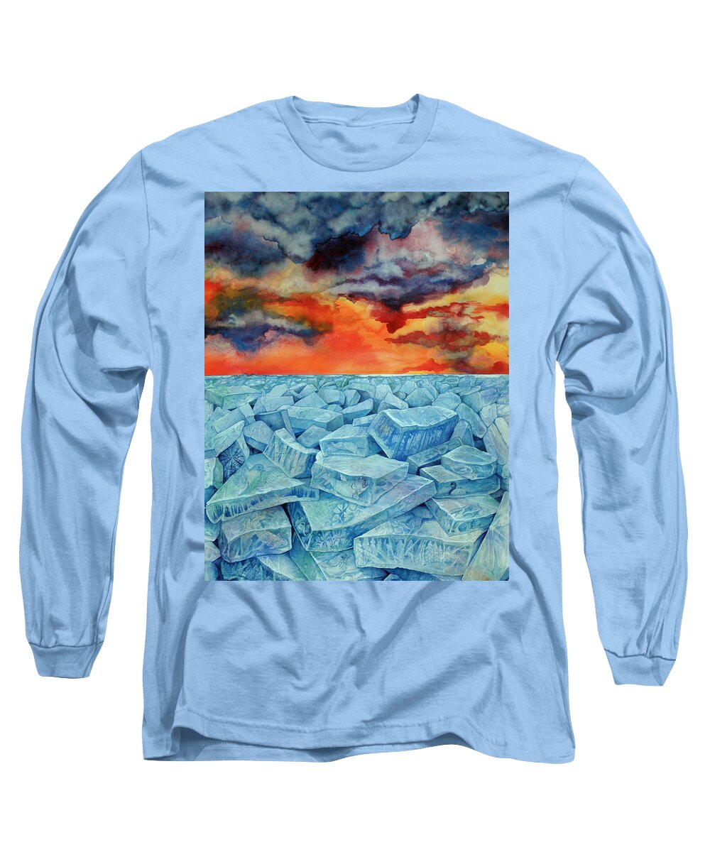 Ice Long Sleeve T-Shirt featuring the painting Winter's Warning by Helen Klebesadel