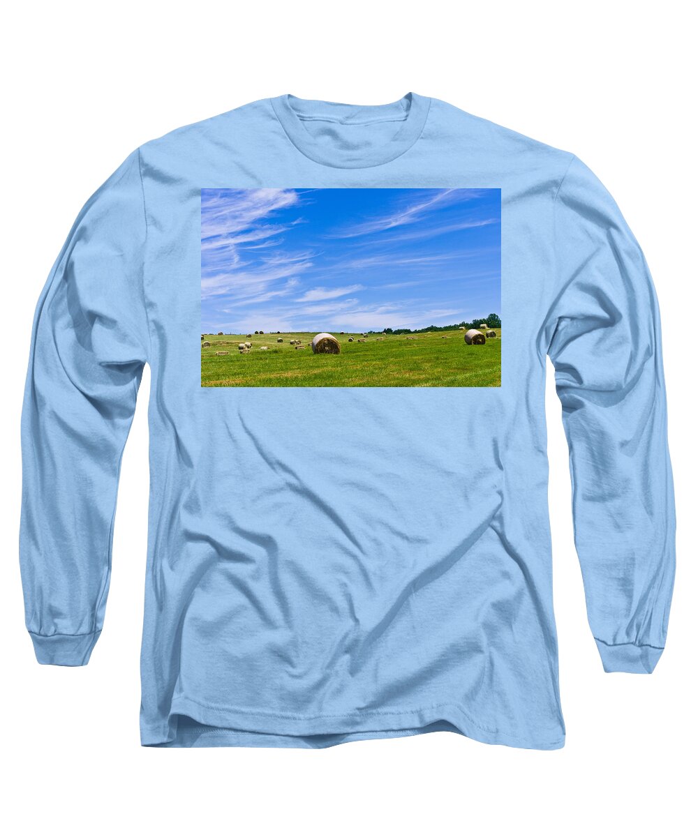 Bales Long Sleeve T-Shirt featuring the photograph Hay Bales under Brilliant Blue Sky by Lori Coleman